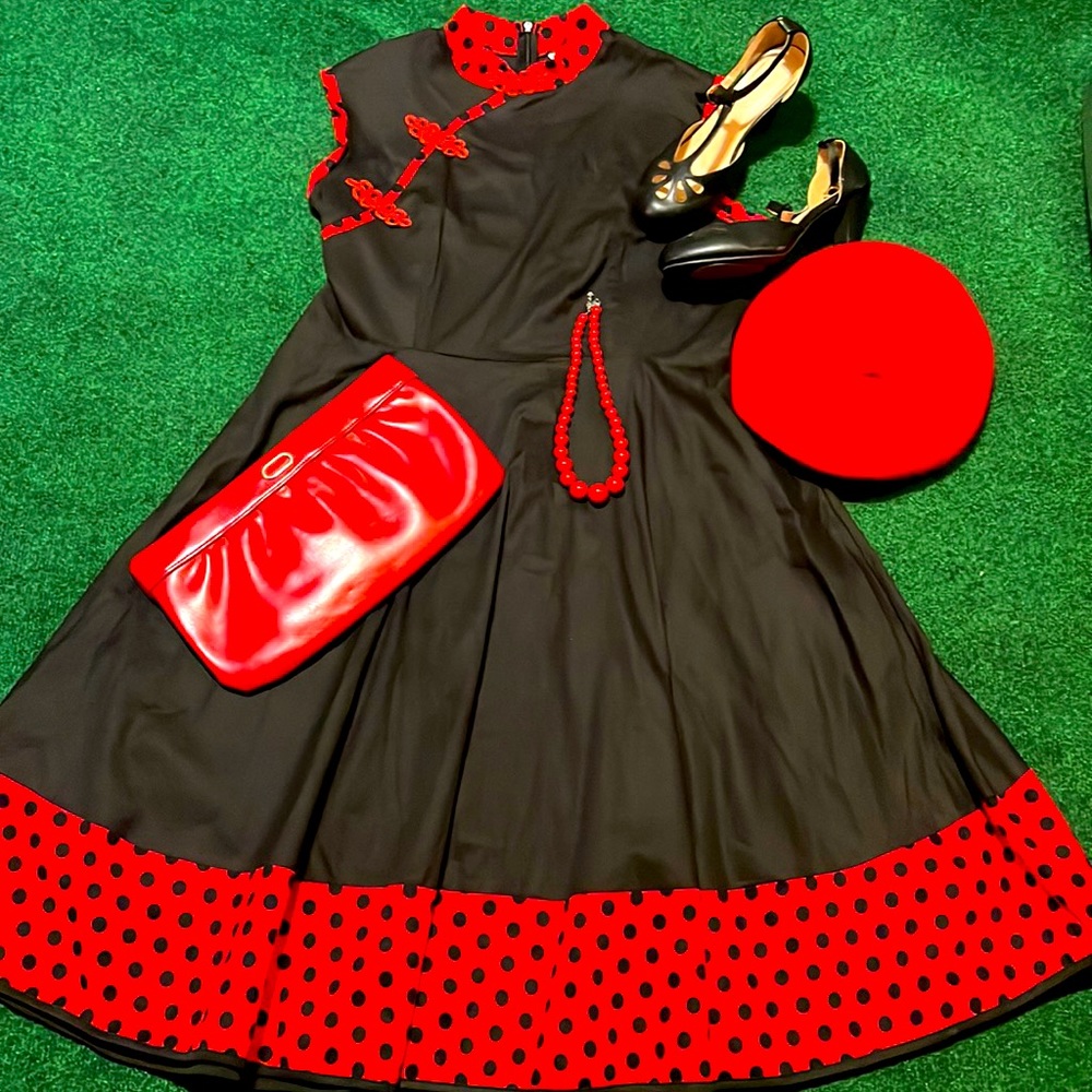 Vintage Retro Asian Black Dress w/Red trim and black Polka dots